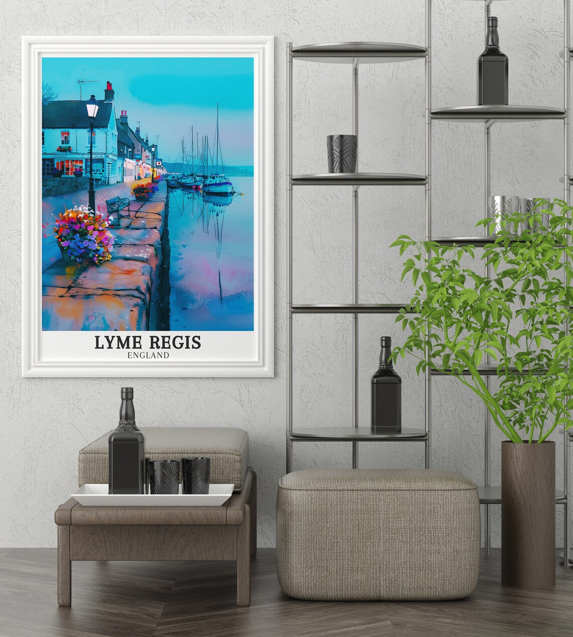Lyme Regis England Cobb Harbour Dusk Waterfront Watercolor Poster - Image 2