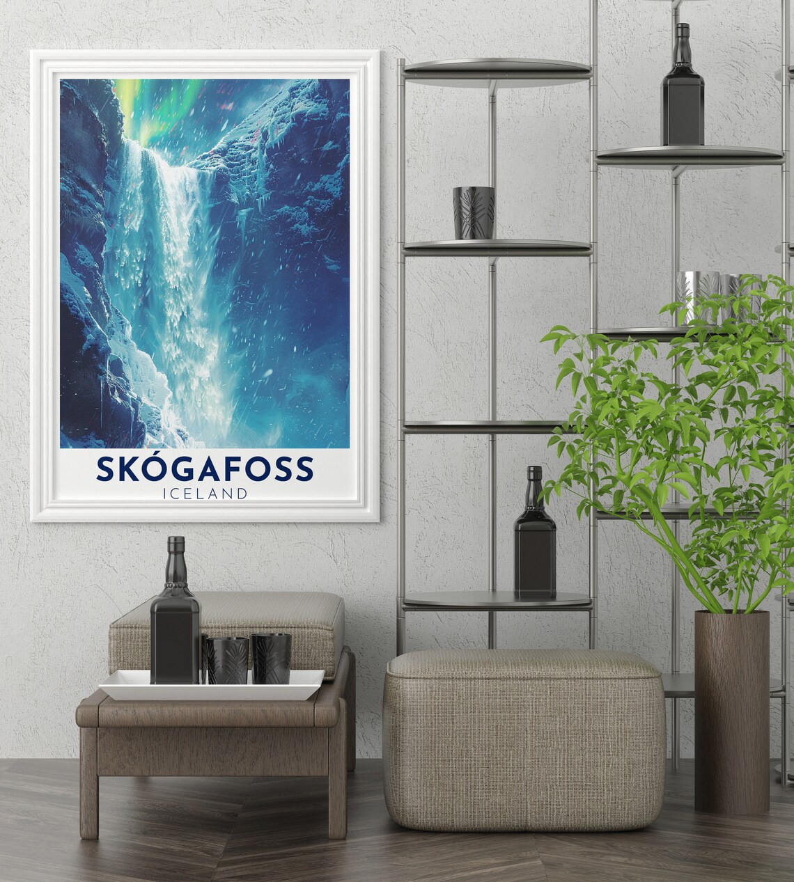 Skogafoss Iceland Frozen Waterfall Aurora Borealis Night Poster - Image 2
