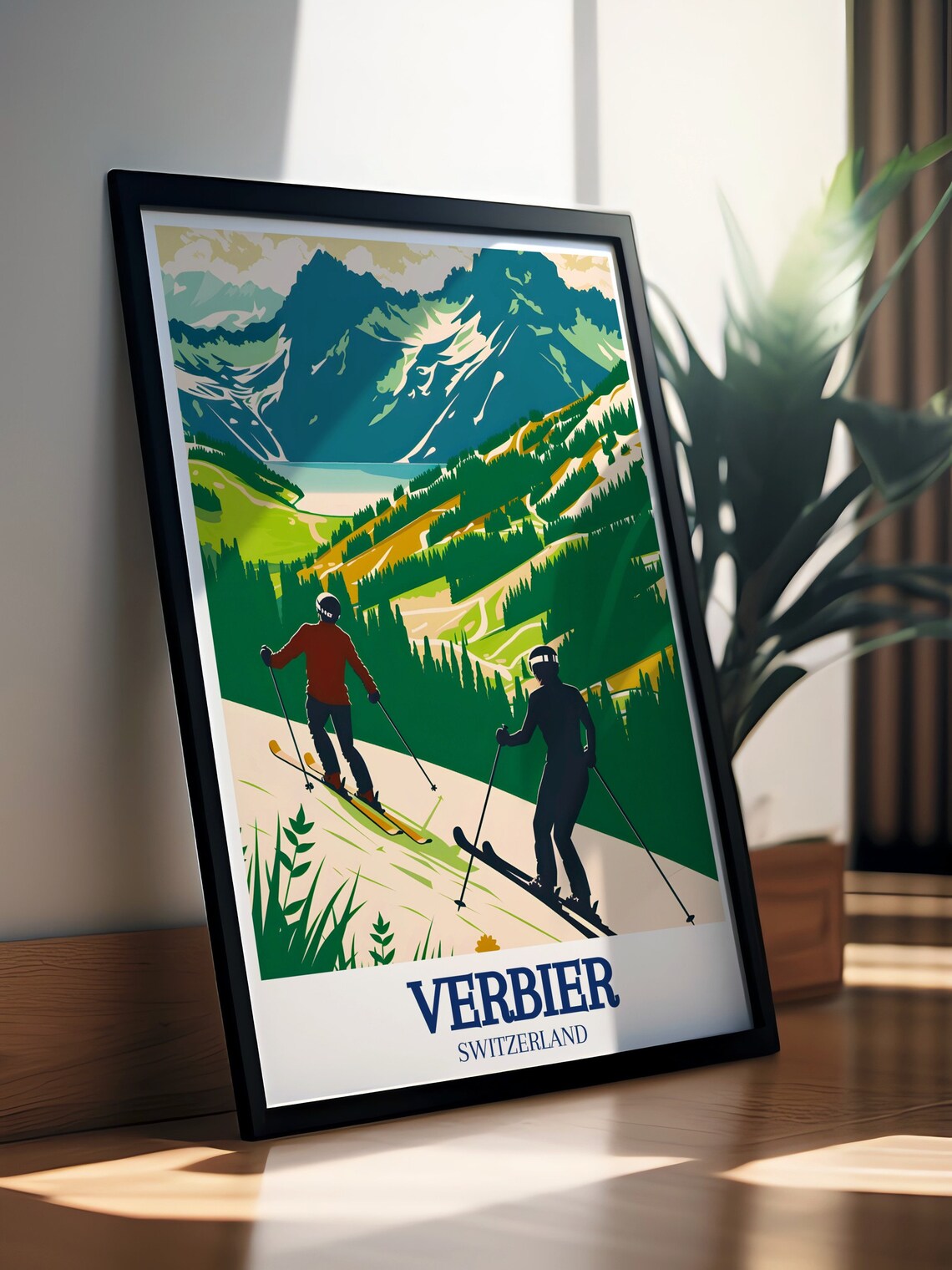 Verbier Switzerland Skiers Descending Alpine Valley Meadow Poster - Image 2