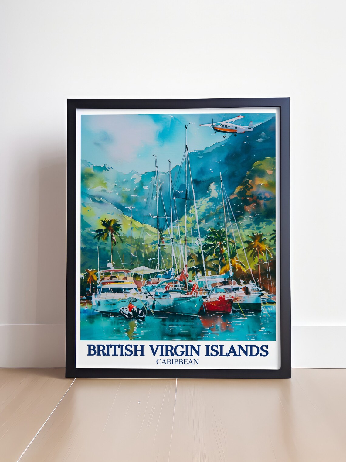 British Virgin Islands Marina Poster Sailboats Seaplane Watercolor - Image 4