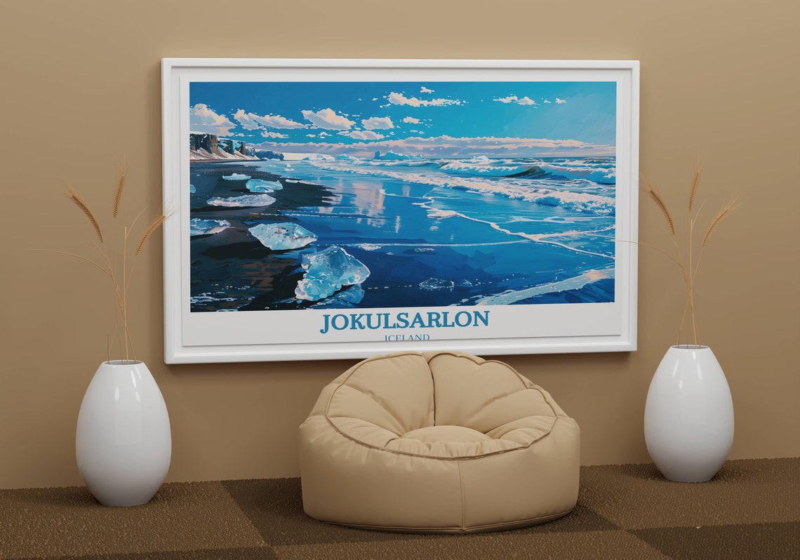 Jokulsarlon Iceland Black Sand Beach Ice Chunks Waves Poster - Image 2