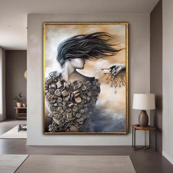 Surreal Woman With Locks And Keys Canvas Abstract Figurative Art Metaphorical Wall Decor Modern Home Decoration Gift