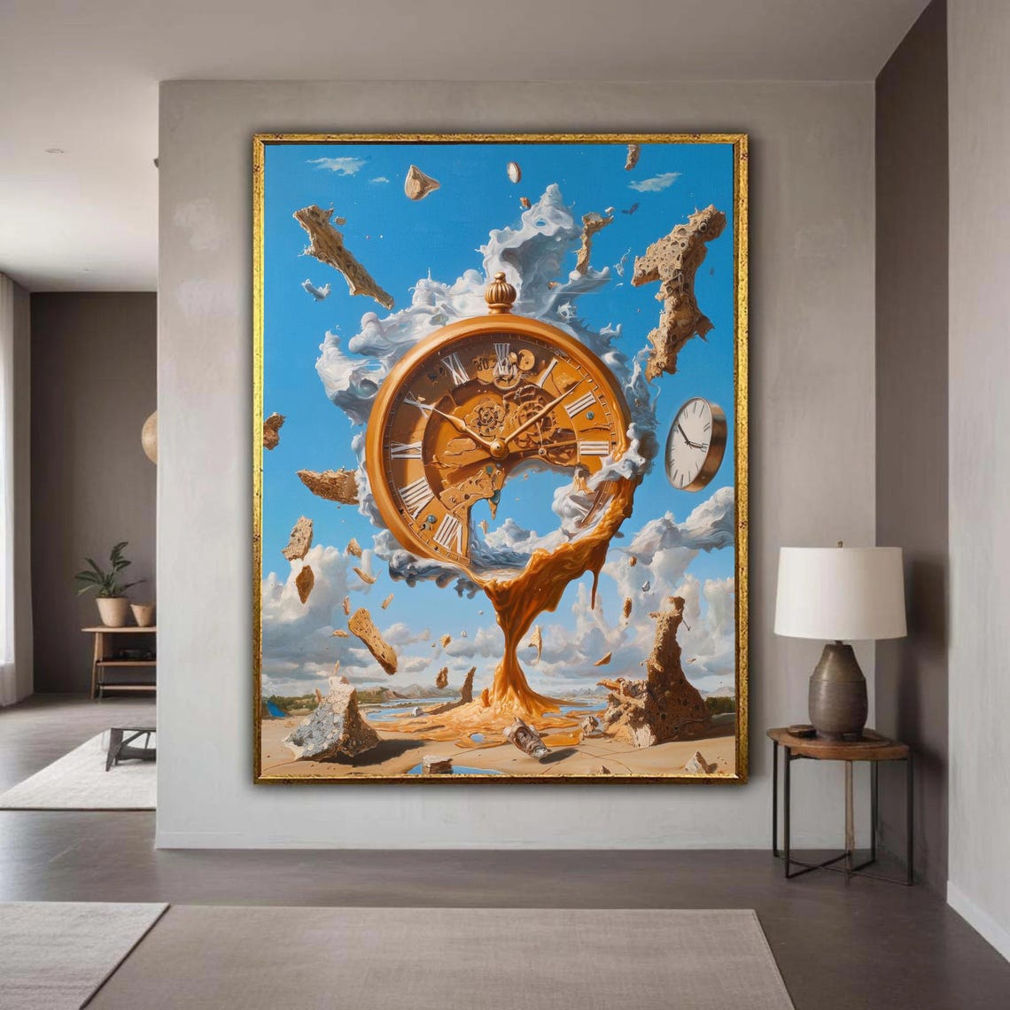 Melting Clock Surrealist Blue Sky Desert Dreamscape Painting Poster
