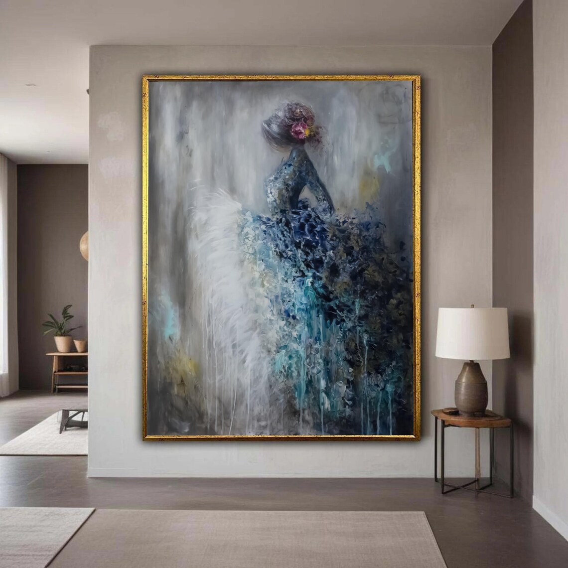 Elegant Woman In Blue Grey Abstract Figurative Oil Painting Poster