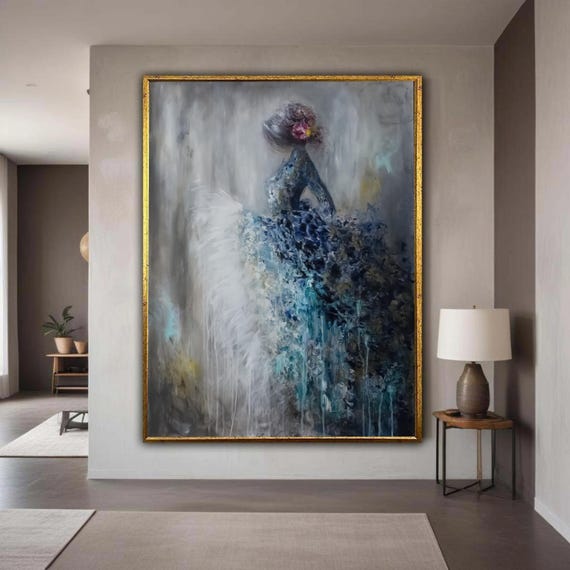 Abstract Elegant Woman Canvas Blue Dress Wall Art Modern Figurative Painting Contemporary Home Decor Ready Gift