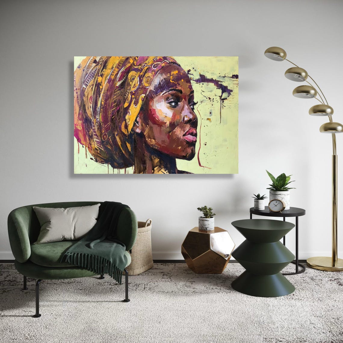African Woman Profile Headwrap Vivid Paint Splash Modern Art Poster