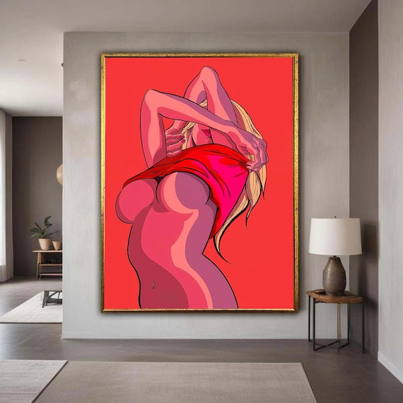Vibrant Red Pop Art Woman Tying Shirt Bold Retro Pinup Poster