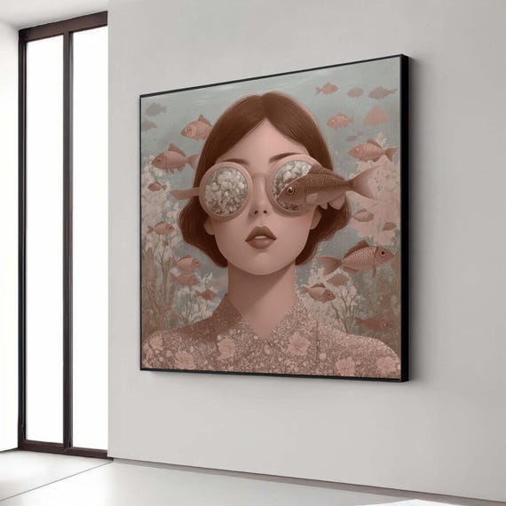 Surreal Underwater Vision Canvas Woman With Fish Sunglasses Mystical Ocean Scene Contemporary Art Print Unique Wall Gift Home Decor