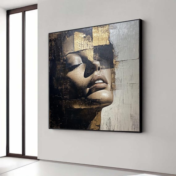 Contemporary Woman Portrait Canvas Gold Silver Accent Art Print Modern Expressive Face Wall Decor Emotive Fragmented Style Artwork