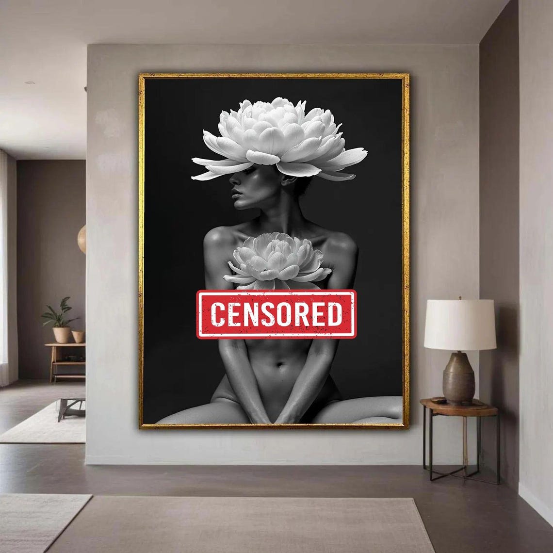 Elegant Black White Floral Nude Woman Censored Stamp Pop Art Poster