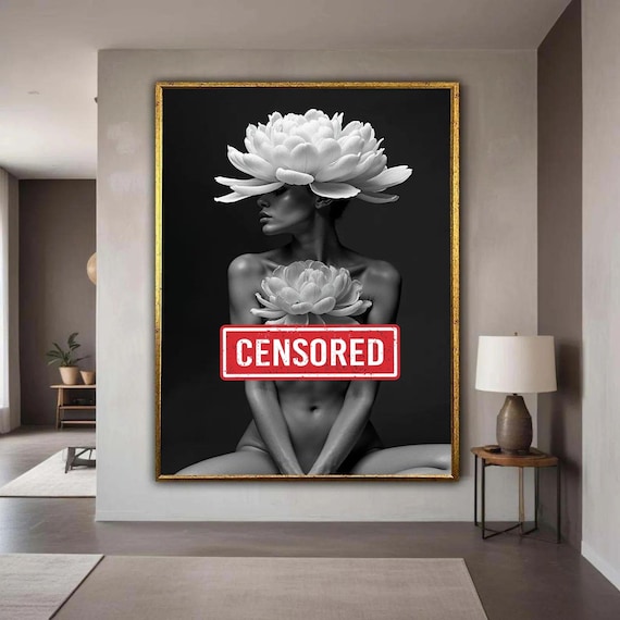 Elegant Black White Floral Nude Woman Censored Stamp Pop Art Poster