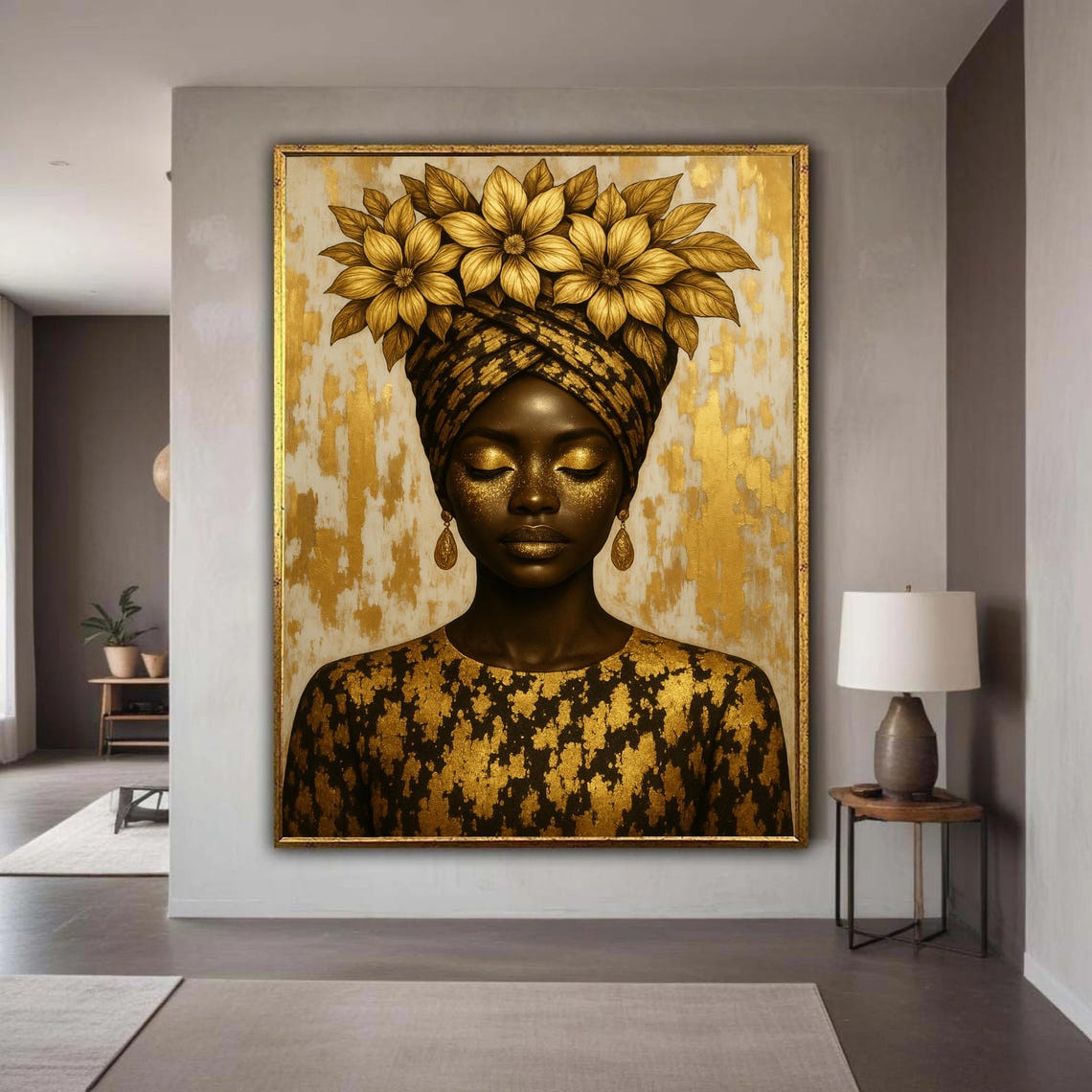 Golden Elegance African Woman Headwrap Floral Crown Art Poster