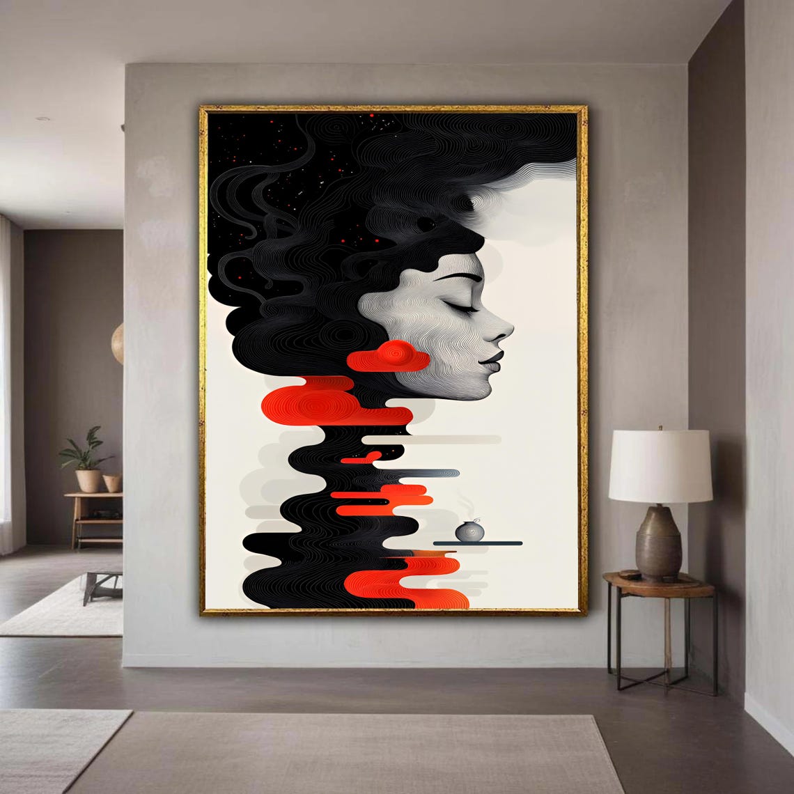 Abstract Woman Profile Swirling Black Red Lines Modern Line Art Poster