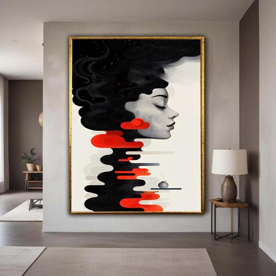 Abstract Woman Profile Canvas Black Swirls Red Accents Art Modern Graphic Surreal Wall Decor Dreamlike Minimalist Portrait Print