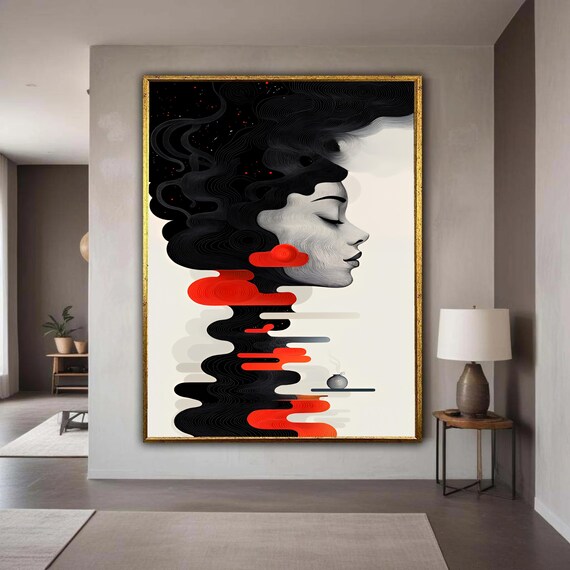 Abstract Woman Profile Swirling Black Red Lines Modern Line Art Poster