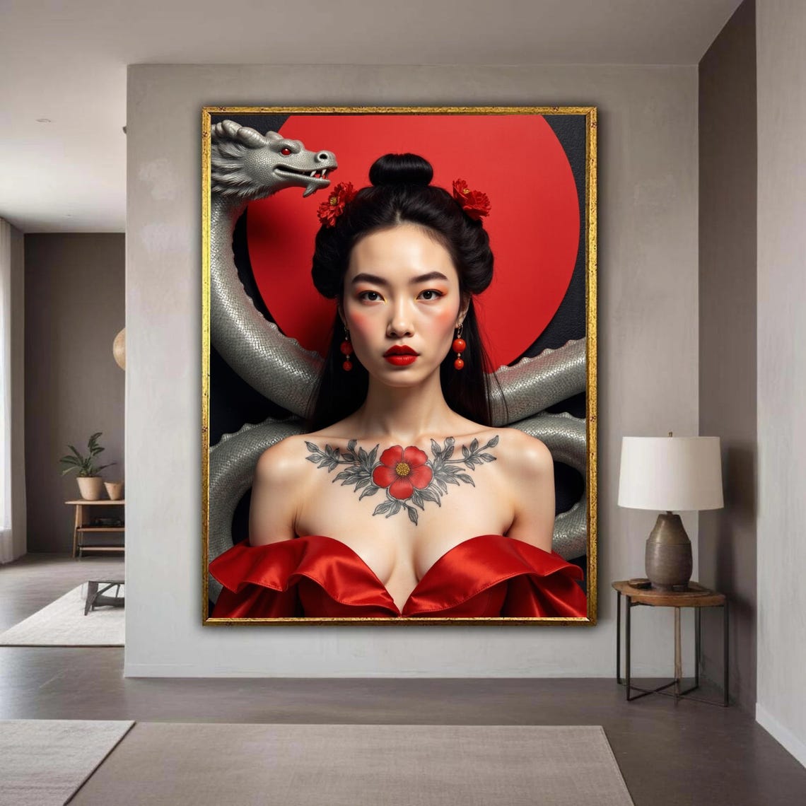 Asian Woman Silver Dragon Floral Tattoo Bold Red Portrait Poster