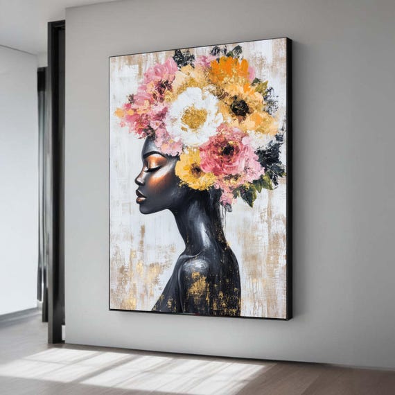 Floral Crown Black Art Gold Leaf Impasto Style Print Elegant Woman Canvas Pink Yellow Portrait Modern African Decor