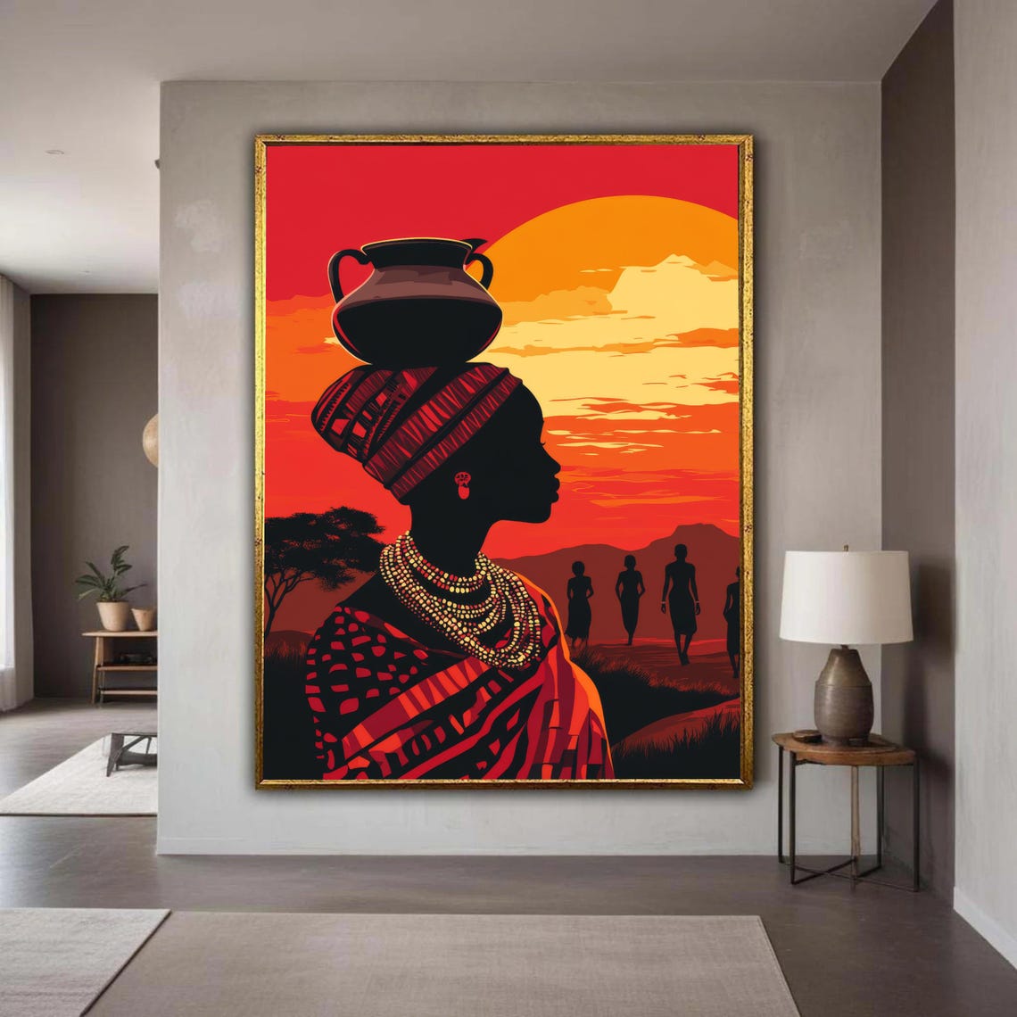 African Woman Silhouette at Sunset Carrying Water Pot Tribal Poster