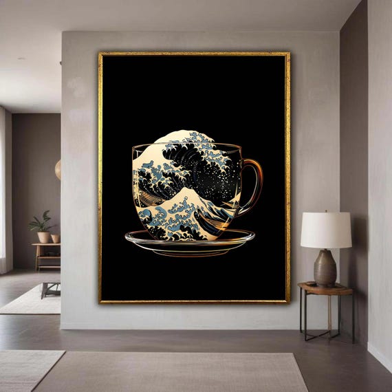 Iconic Great Wave In Teacup Canvas Japanese Art Inspired Wall Decor Ocean Illustration Unique Modern Gift Home