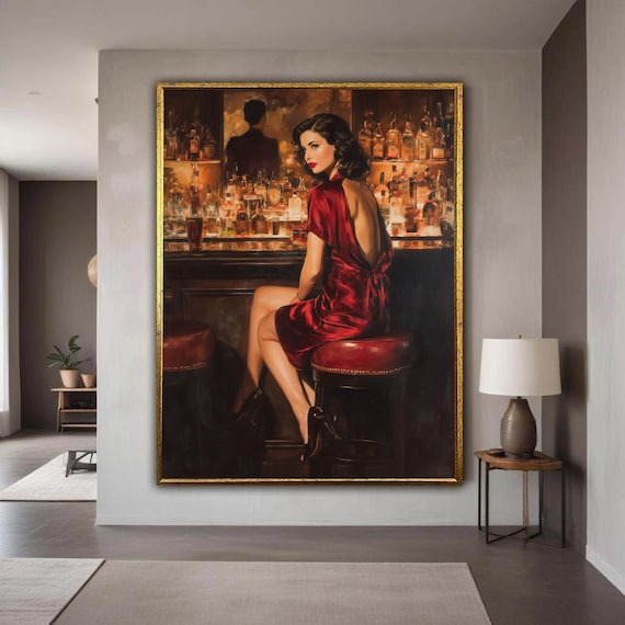 Elegant Woman in Red Dress Classic Bar Scene Vintage Poster Home Decor