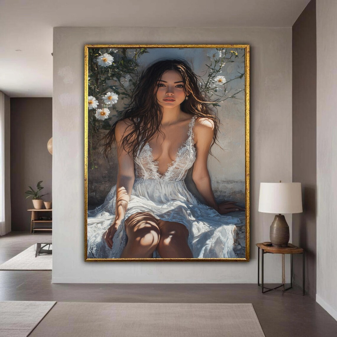 Woman in White Lace Dress Garden Daisies Romantic Painting Poster