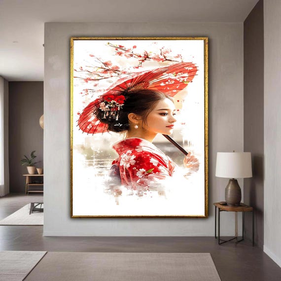 Elegant Asian Woman In Red Kimono Cherry Blossom Canvas Wall Art Japanese Traditional Portrait Floral Umbrella Gift Home Decor