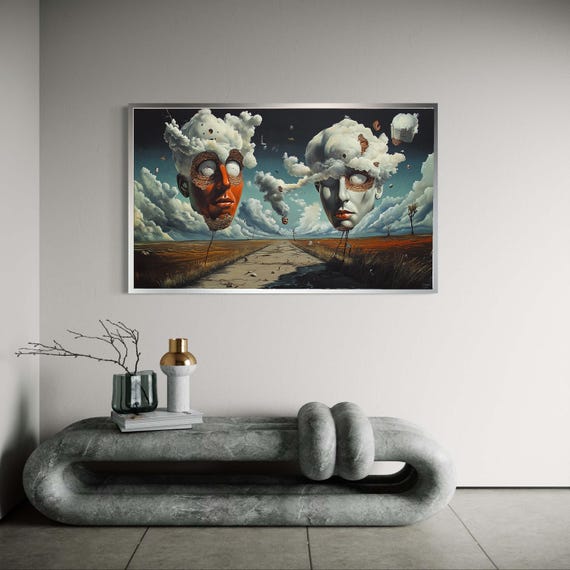 Surreal Floating Heads Print Cloud Mind Canvas Art Dreamlike Symbolic Landscape Andre Breton Style Desolate Road Unique Decor