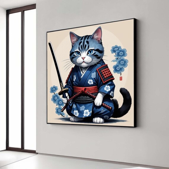 Cute Samurai Cat in Blue Kimono Holding Sword Cherry Blossom Wall Art