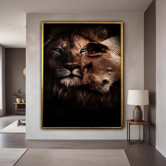 Fierce Lion With Blue Eyes And Tender Lioness Animal Canvas Wall Art Wildlife Love Illustration Majestic Big Cats Gift Home Decor
