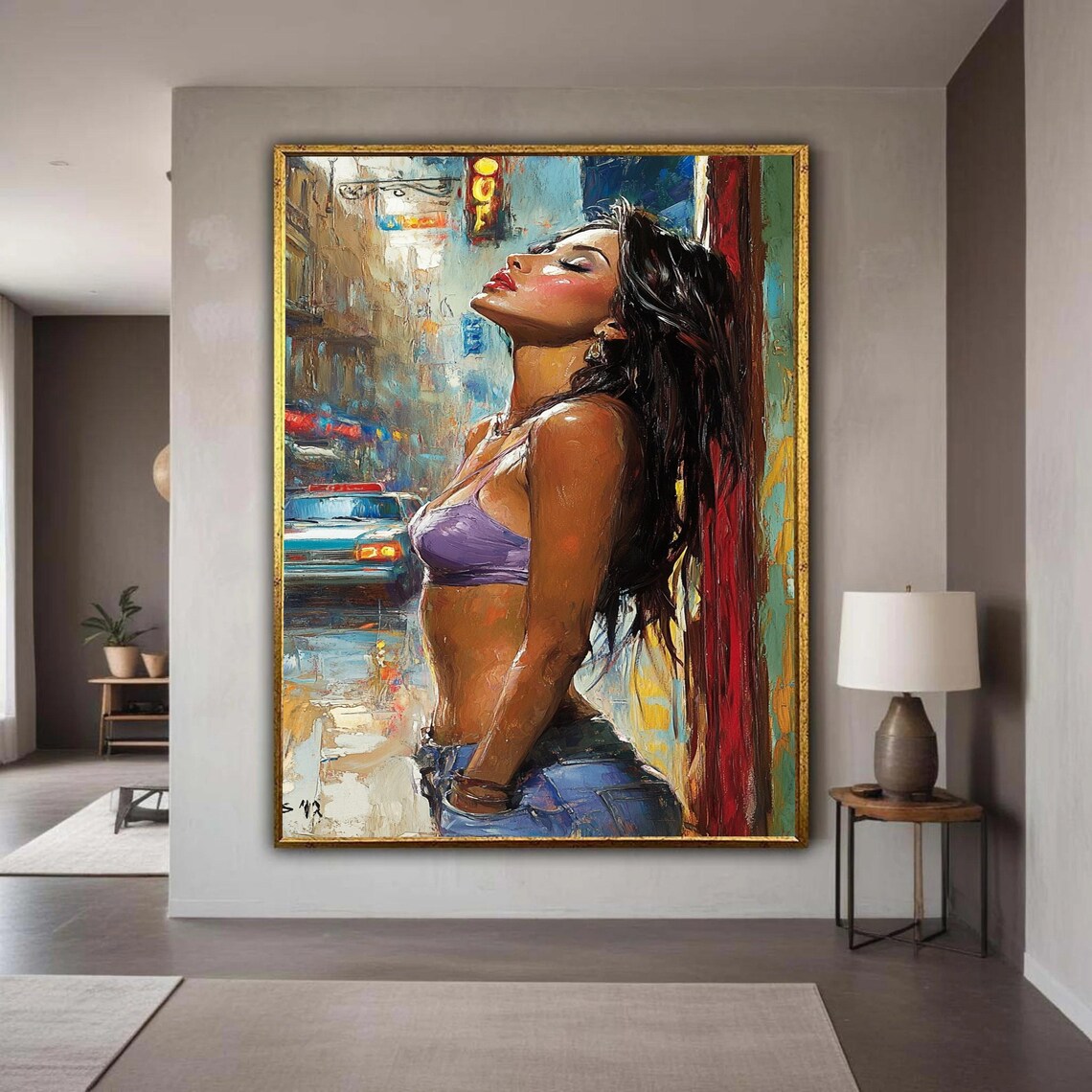Woman Portrait on Rainy City Street Painterly Modern Female Art Poster