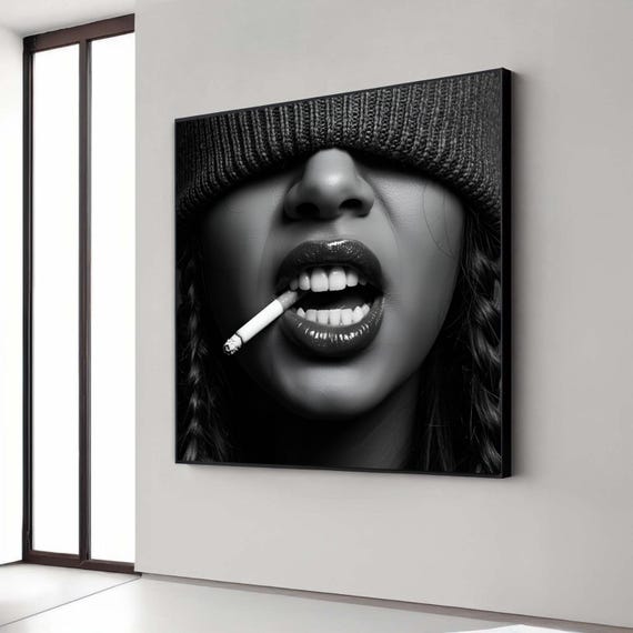 Edgy Woman With Cigarette Black And White Portrait Canvas Bold Lipstick Art Urban Style Wall Decor Modern Gift Home