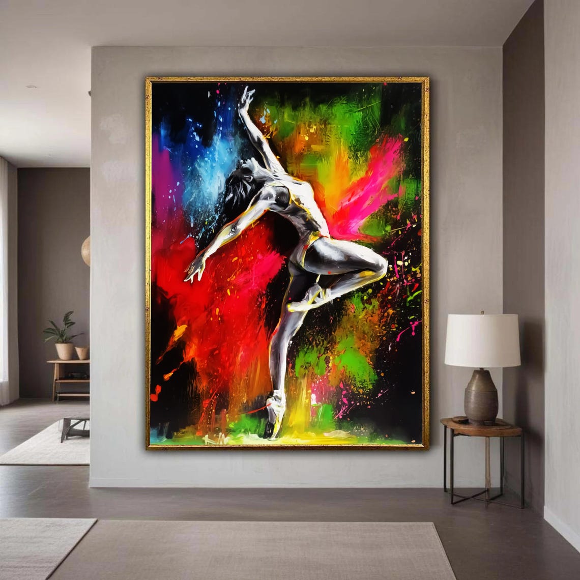 Vibrant Ballet Dancer Exploding Colorful Paint Splash Modern Poster