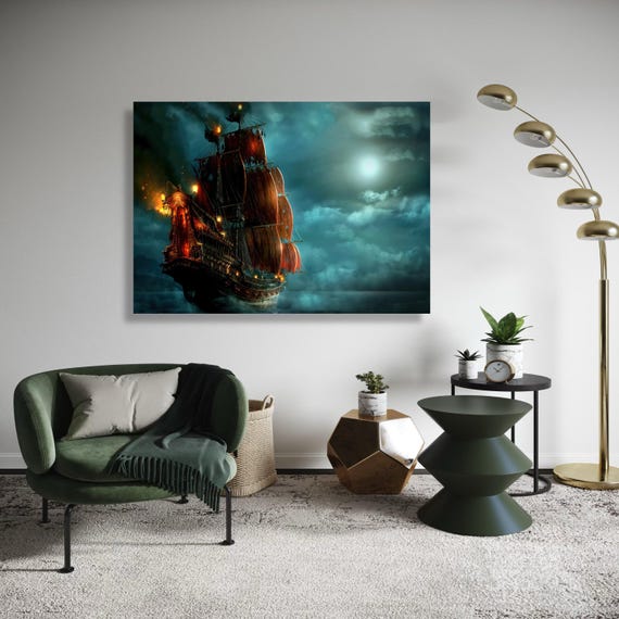 Haunted Pirate Ship Canvas Wall Art Dark Sea Night Scene Vintage Sailing Illustration Glowing Lanterns Gift Home Decor