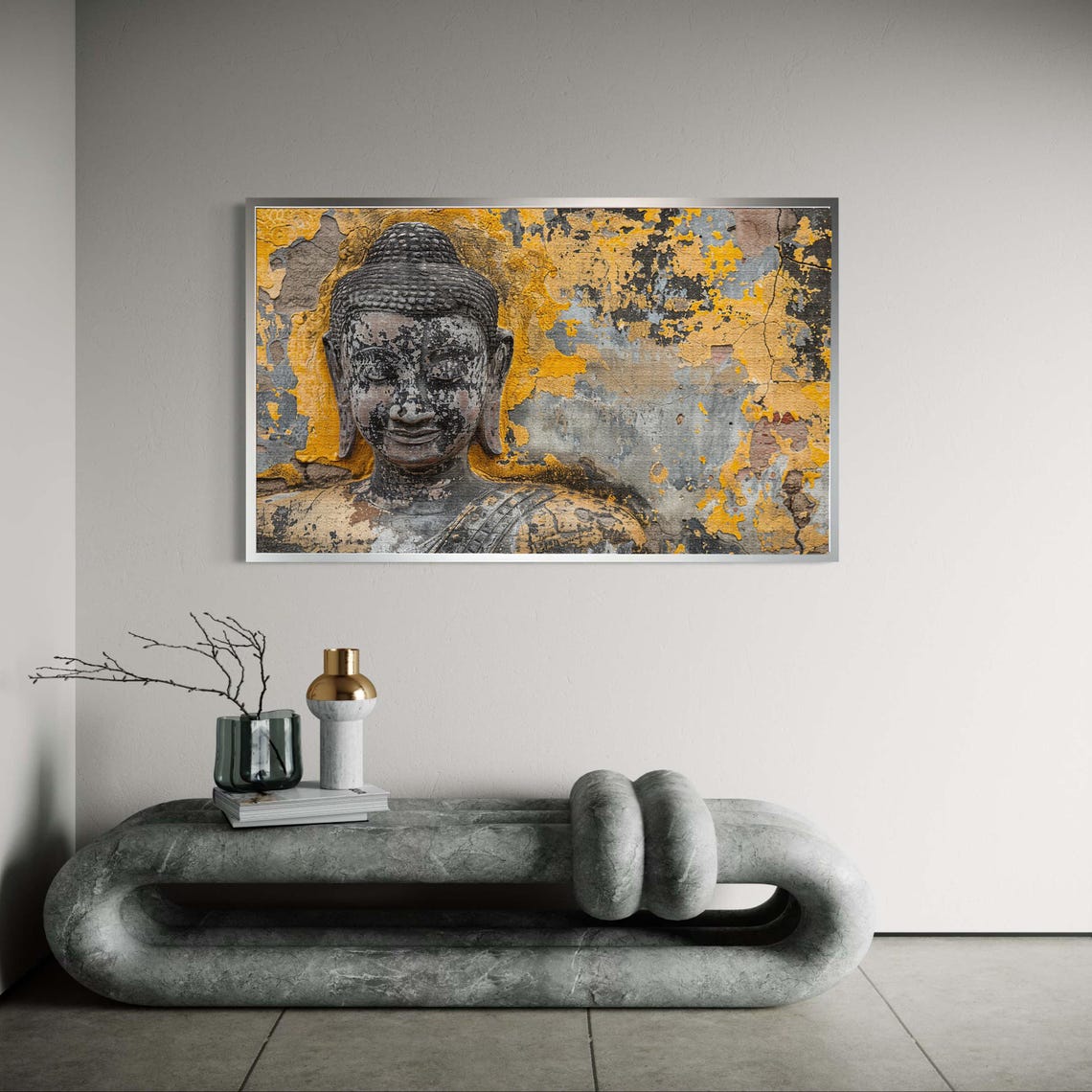 Weathered Buddha Bust Canvas Print Ancient Stone Statue Art Spiritual Rustic Wall Decor Yellow Accent Serene Artwork For Home Zen