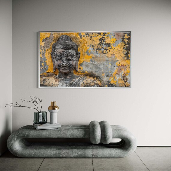 Weathered Buddha Bust Canvas Print Ancient Stone Statue Art Spiritual Rustic Wall Decor Yellow Accent Serene Artwork For Home Zen