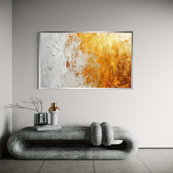 Gold And White Abstract Canvas Print Modern Dynamic Wall Art Contemporary Elegant Home Decor Layered Style Artwork Luxurious Look