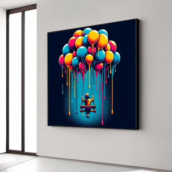 Child On Swing With Dripping Colorful Balloons Pop Street Art Poster