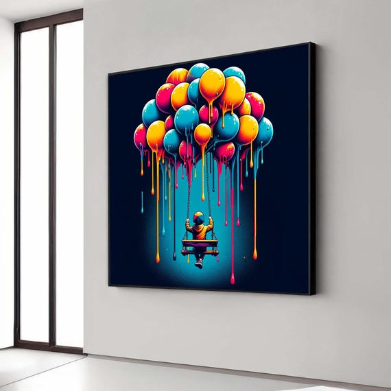 Whimsical Balloon Swing Canvas Vibrant Nursery Art Surreal Dripping Paint Dreamy Child Wall Decor Colorful Kids Room Print