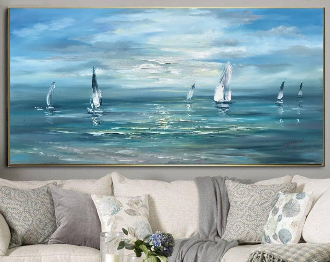 Large Seascape Paintings Sailing Boat Handmade Oil Painting Sea View Paintings Sailboats Ocean Wall Art Peaceful Water Scene Painting