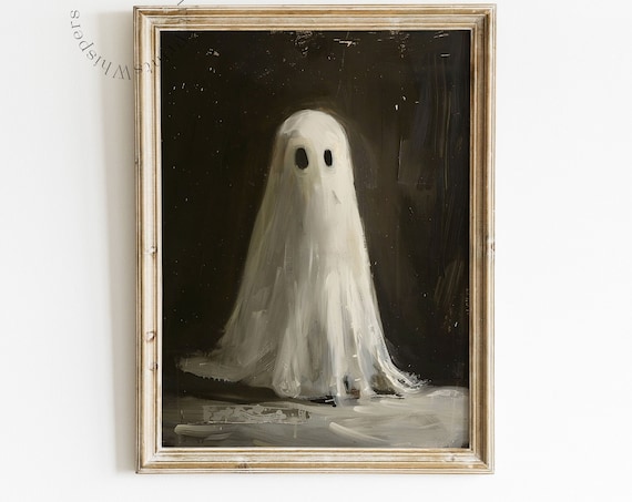 Cute Sheet Ghost in Dark Vintage Oil Painting Halloween Poster