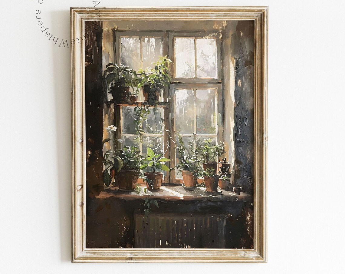 Sunlit Windowsill Potted Plants Vintage Botanical Painting Poster