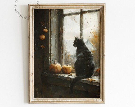 Black Cat on Windowsill with Pumpkins Autumn Painting Poster