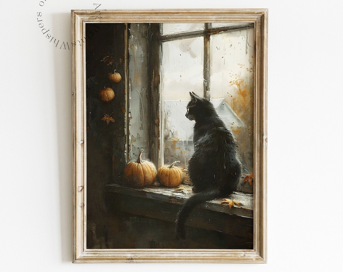 Black Cat on Windowsill with Pumpkins Autumn Painting Poster