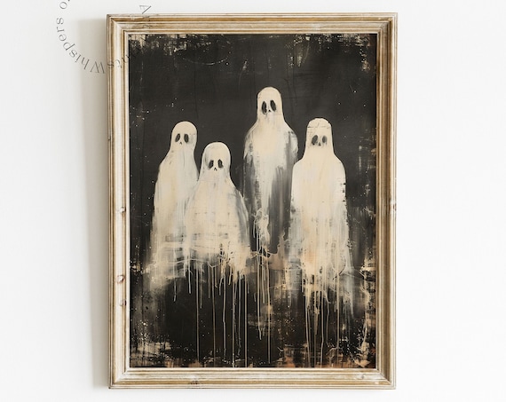 Group of Four Spooky Ghosts in Dark Dripping Vintage Painting Poster