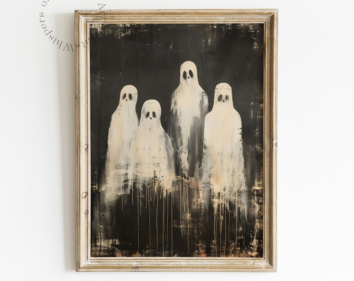 Group of Four Spooky Ghosts in Dark Dripping Vintage Painting Poster