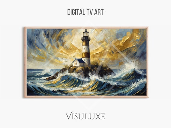 Vintage Lighthouse With Gold Oil Painting Frame Tv Art Tv Art Lighthouse Screensaver Tv Art Ocean Artwork Tv 169 Ar