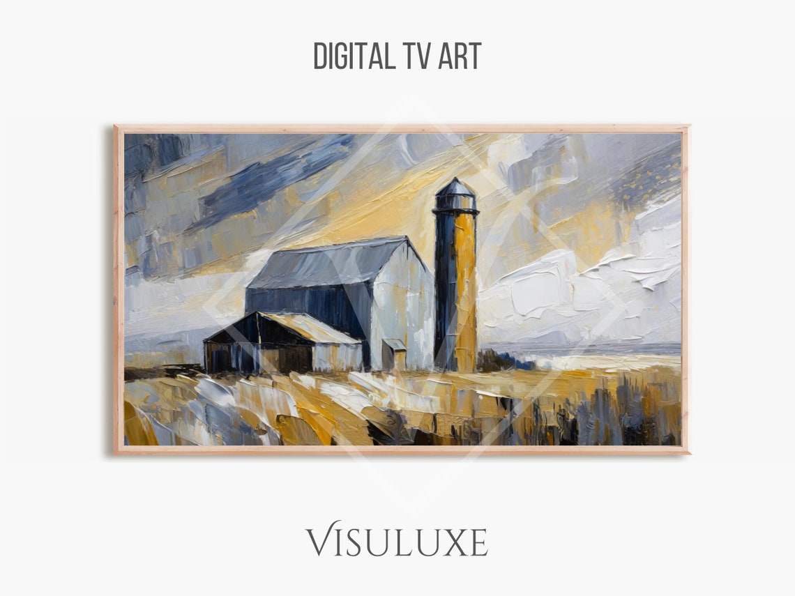 Navy Gold Barn Silo Golden Field Dramatic Sky Farm Painting Poster