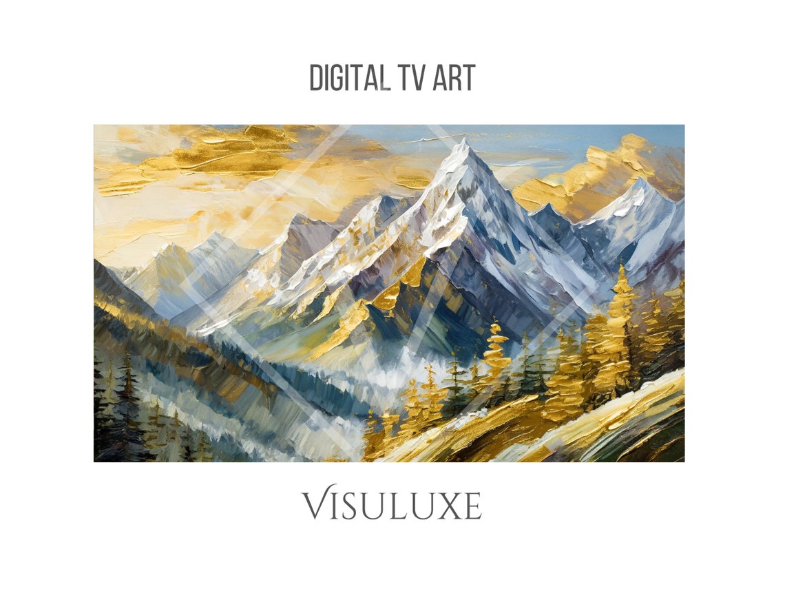 Golden Snow Capped Mountain Peaks Sunset Impasto Landscape Poster - Image 3