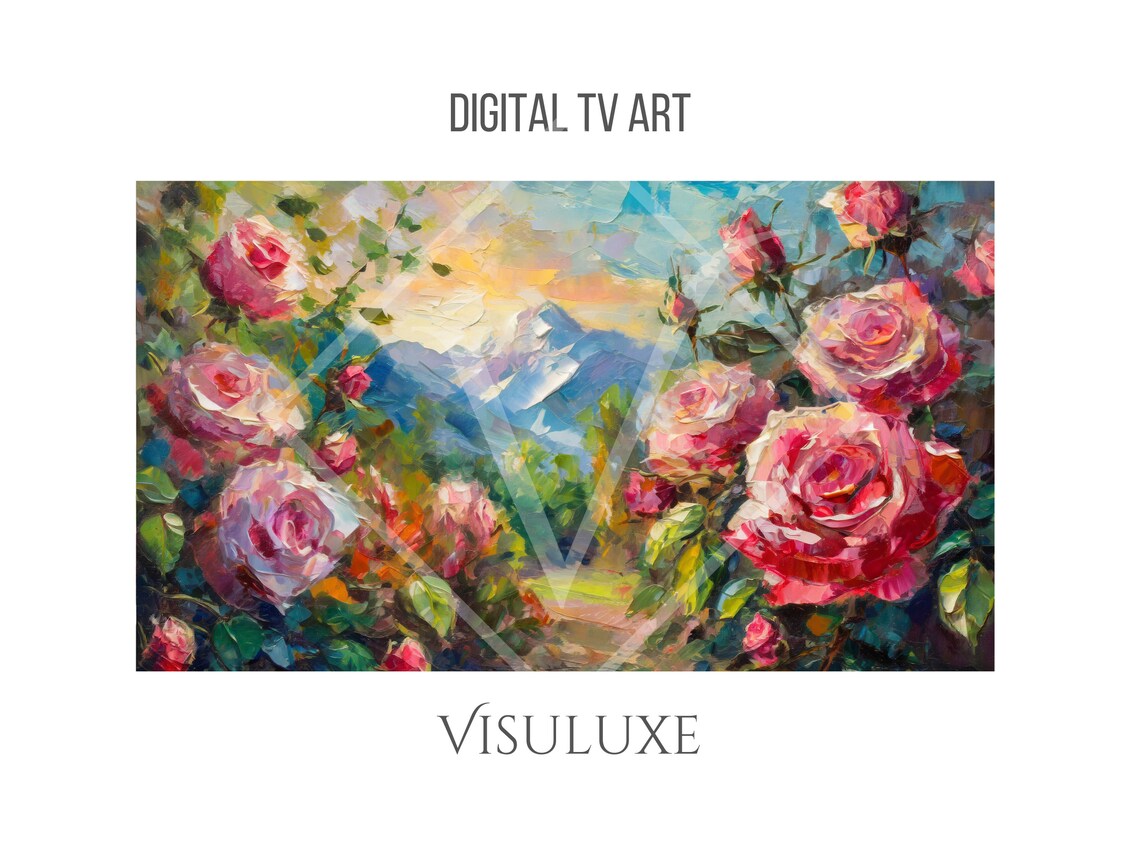 Pink Roses Garden Blooming Flowers Mountain View Impasto Floral Poster - Image 2