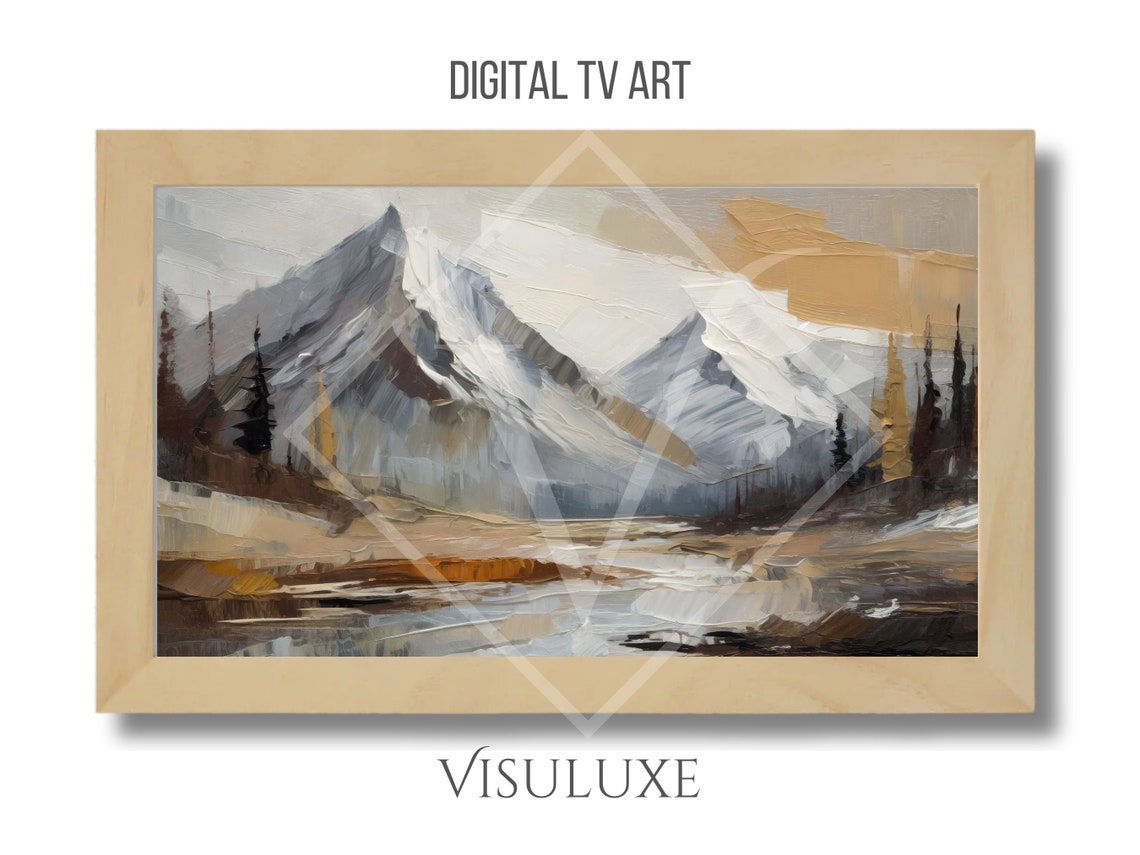 Alaskan Mountains Gray Neutral Abstract Oil Painting Tv Artwork Alaskan Mountains In Abstract Neutral Alaskan Landscape Artwork Tv 169 Ar - Image 3